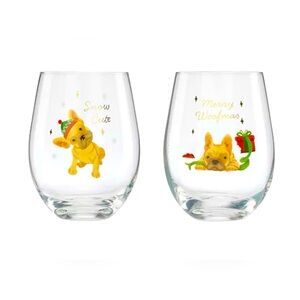 Cambridge 18 Oz Frenchie Stemless Wine Glasses, Set of 2 Holiday Dog-Themed